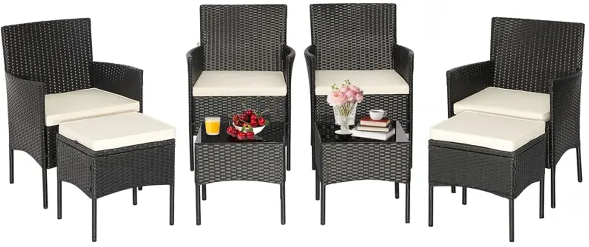 8 Pieces Patio Wicker Conversation Set with 2 Coffee Tables and 2 Ottomans