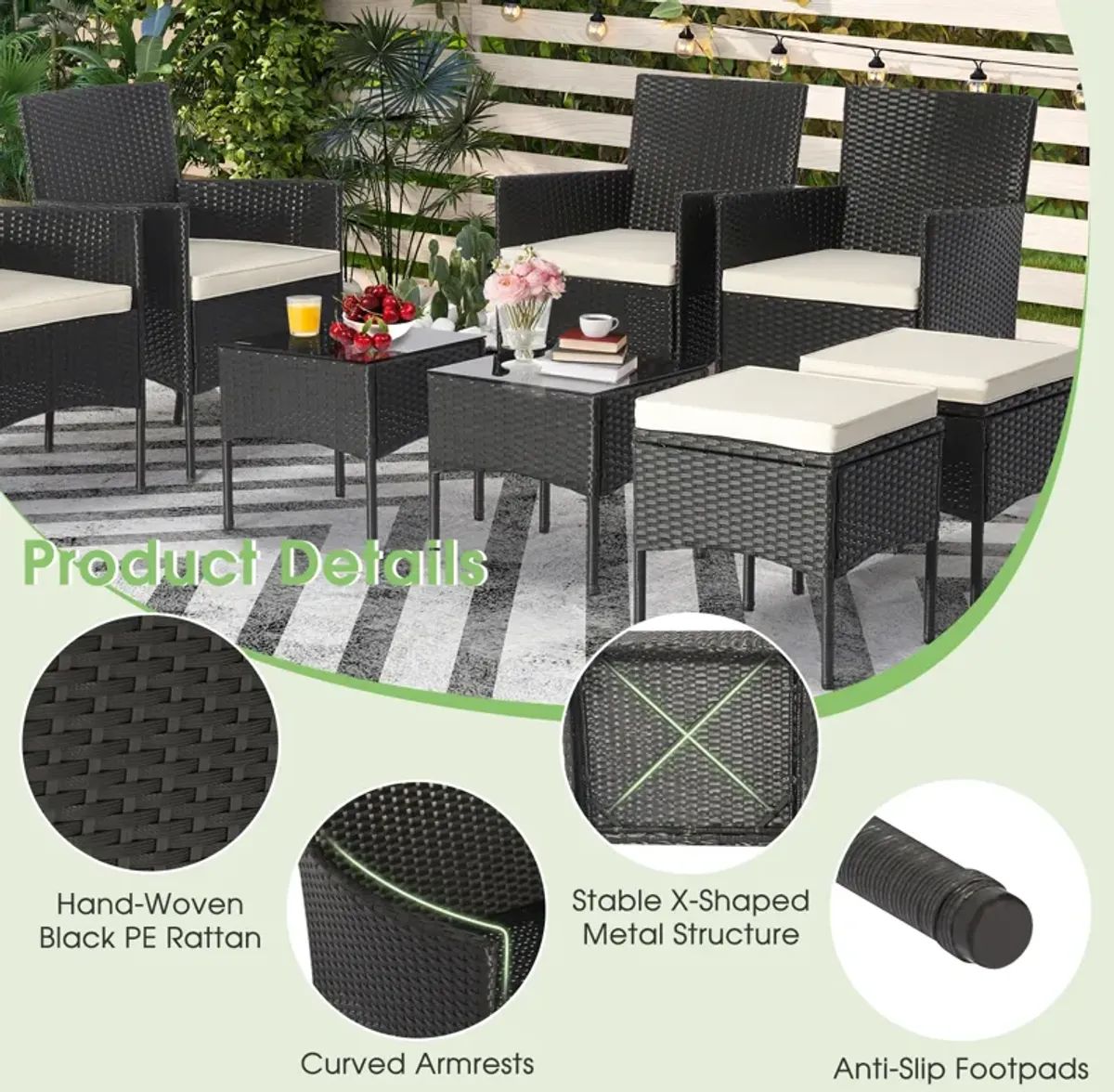 8 Pieces Patio Wicker Conversation Set with 2 Coffee Tables and 2 Ottomans