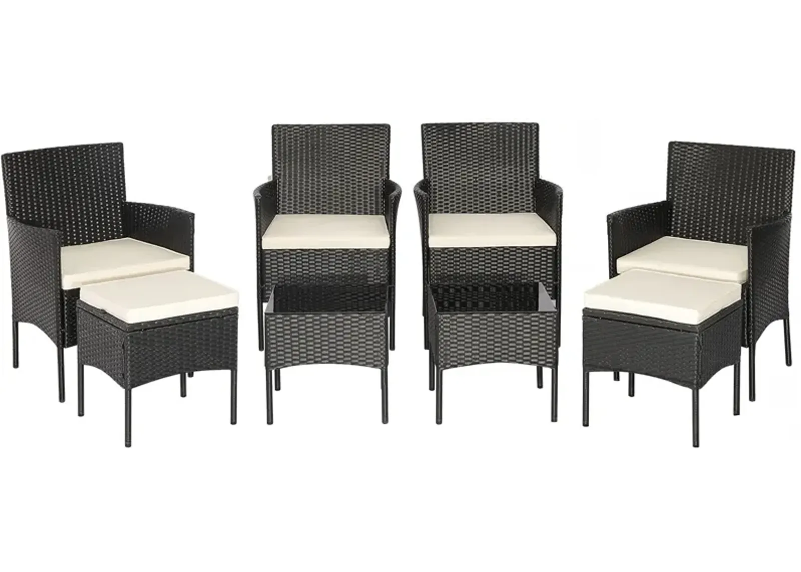 8 Pieces Patio Wicker Conversation Set with 2 Coffee Tables and 2 Ottomans