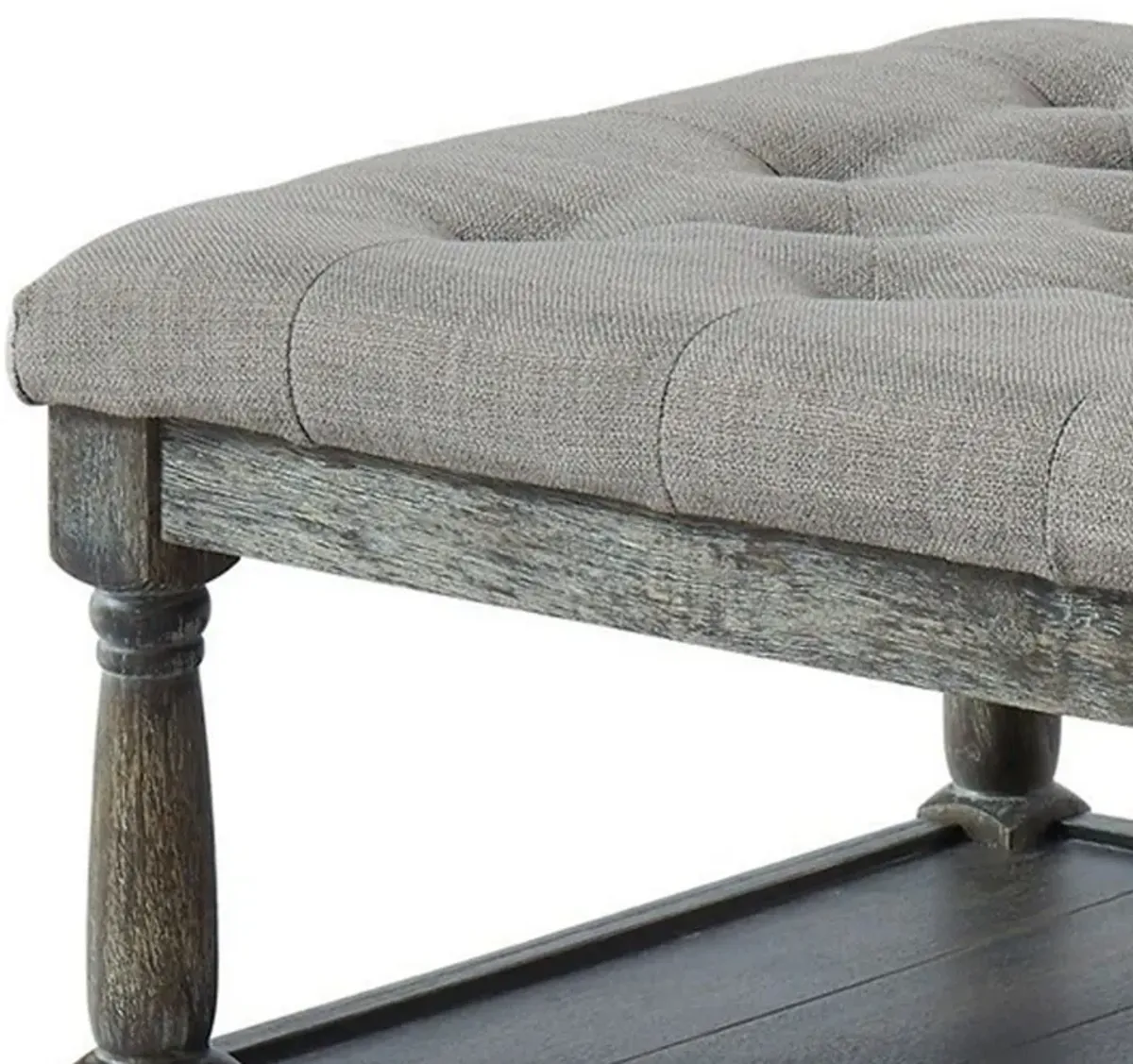 Fabric Upholstered Bench with Button Tufted Seat and Bottom shelf, Gray-Benzara