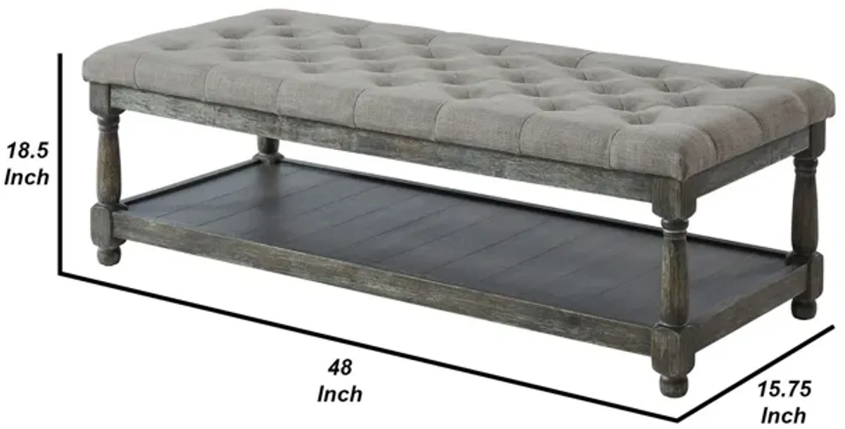 Fabric Upholstered Bench with Button Tufted Seat and Bottom shelf, Gray-Benzara