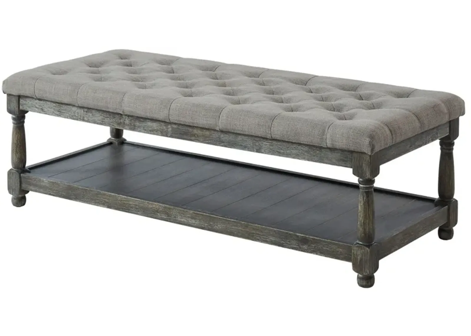 Fabric Upholstered Bench with Button Tufted Seat and Bottom shelf, Gray-Benzara