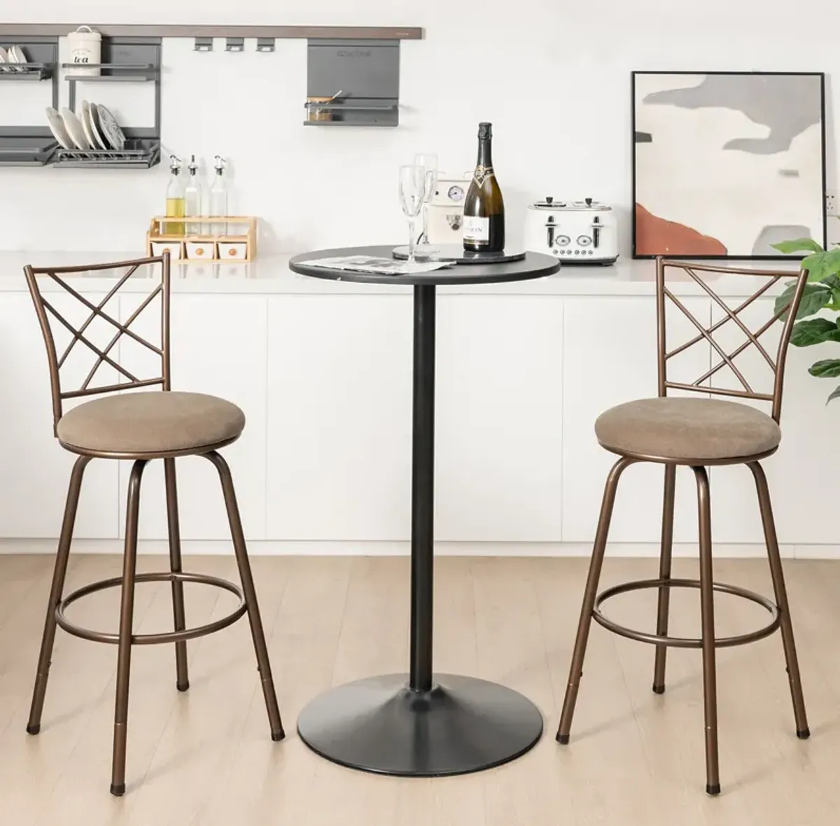 2 Pieces Swivel Pluch Fabrice Cushioned Bar Stool Set-Brown