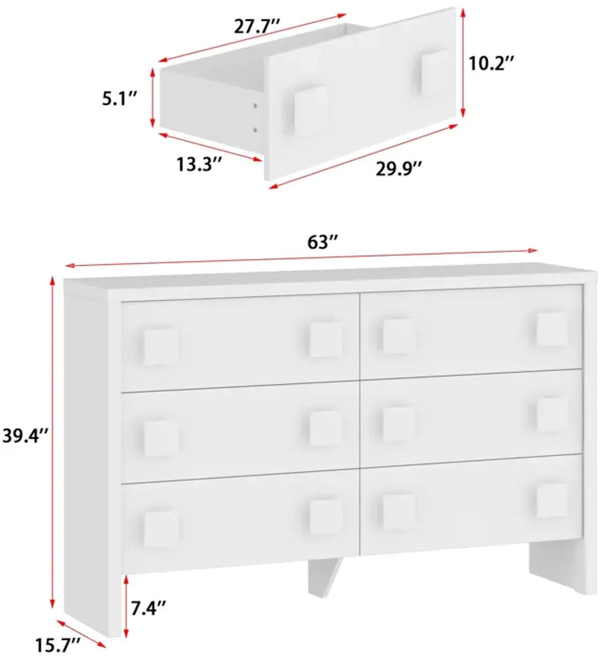 63" Double Dresser with 6 Large Drawers & Square Handles, Chest of Drawers with Slide Rails, Modern Wooden Storage Tower for Bedroom Living Room, White