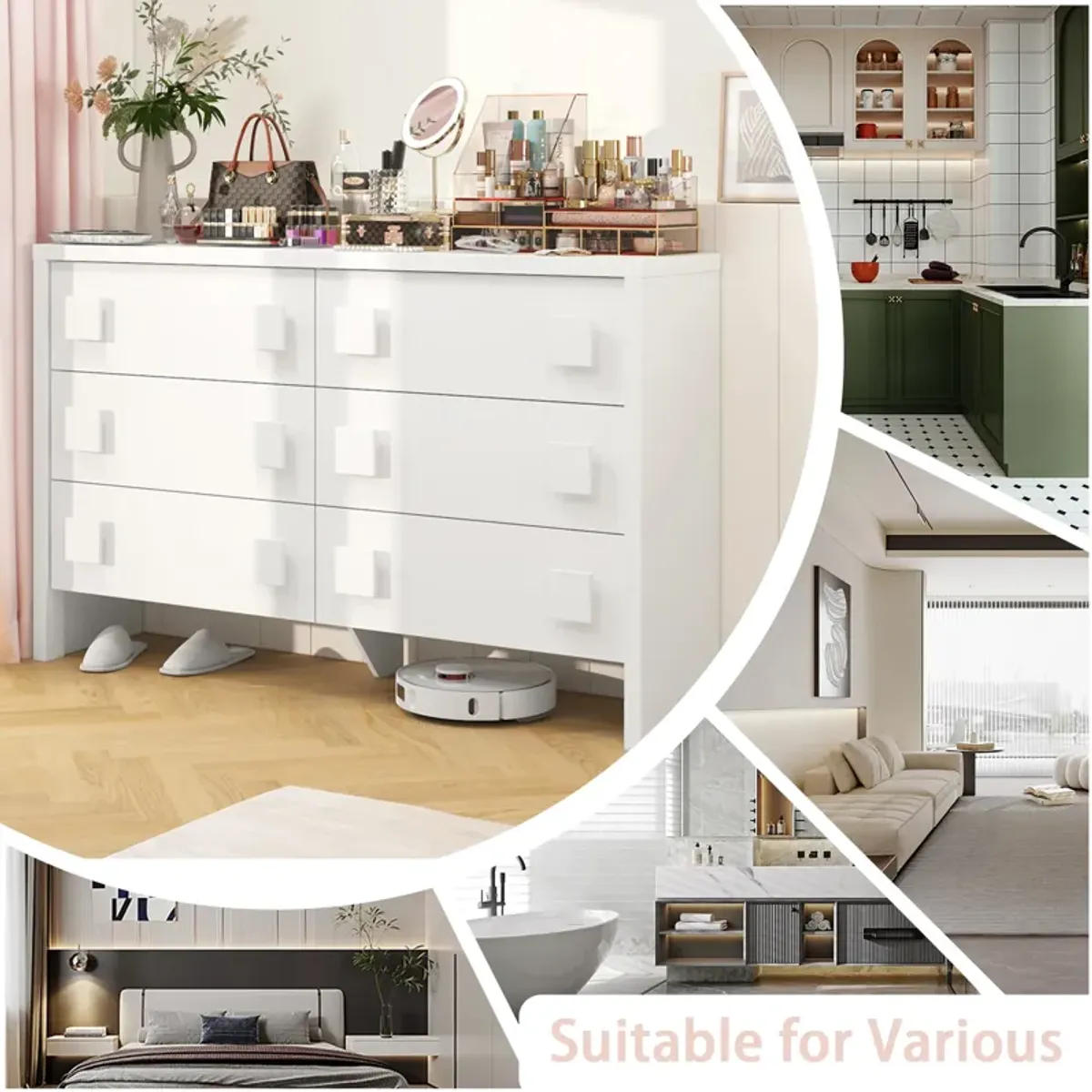 63" Double Dresser with 6 Large Drawers & Square Handles, Chest of Drawers with Slide Rails, Modern Wooden Storage Tower for Bedroom Living Room, White