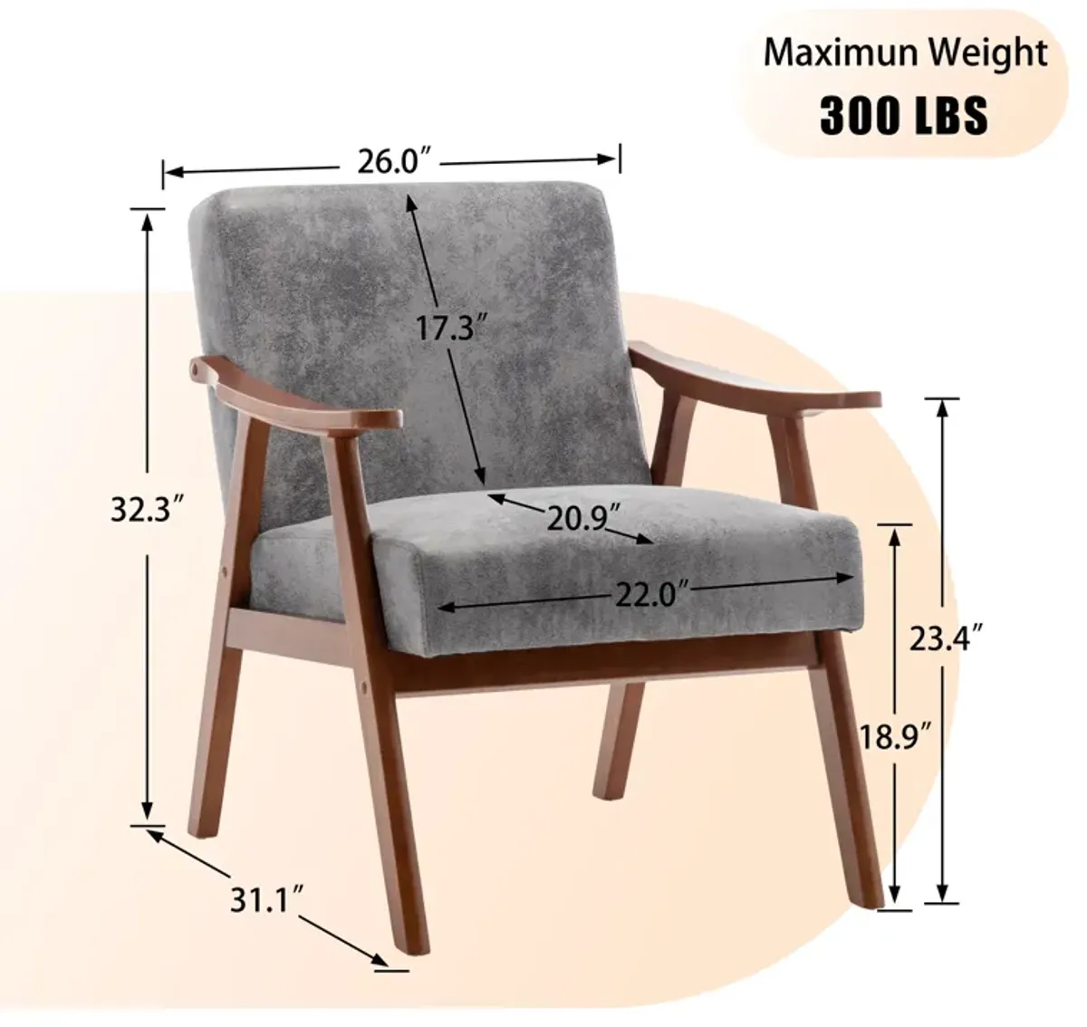 Gewnee Mid-Century Modern Chair, Living Room Chair with Solid Wood Frame, Accent Chair Extra-Thick Backrest, Wingback Chair for Bedroom, Reading Room, Living Room, Lounge Chair Indoor