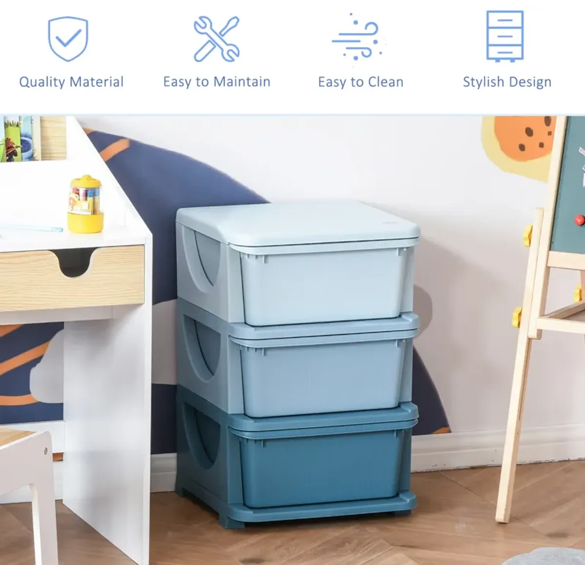 3 Tier Kids Storage Unit Dresser Tower with Drawers Chest Toy Organizer for Bedroom Nursery Kindergarten Living Room for Boys Girls Toddlers, Blue