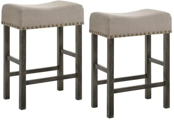 Wooden Counter Height Stool with Linen Upholstered Saddle Seat, Set of 2, Beige and Gray-Benzara
