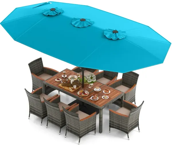 10 Pieces Patio Wicker Dining Set with Double-Sided Patio Umbrella