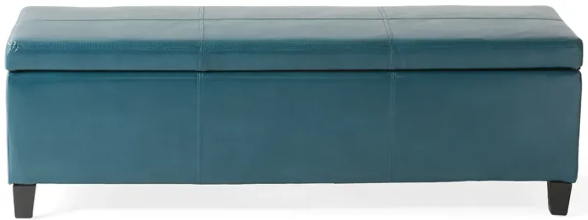 Elias Storage Ottoman, 51 Inch Rectangular, Teal Faux Leather Tufted - Benzara