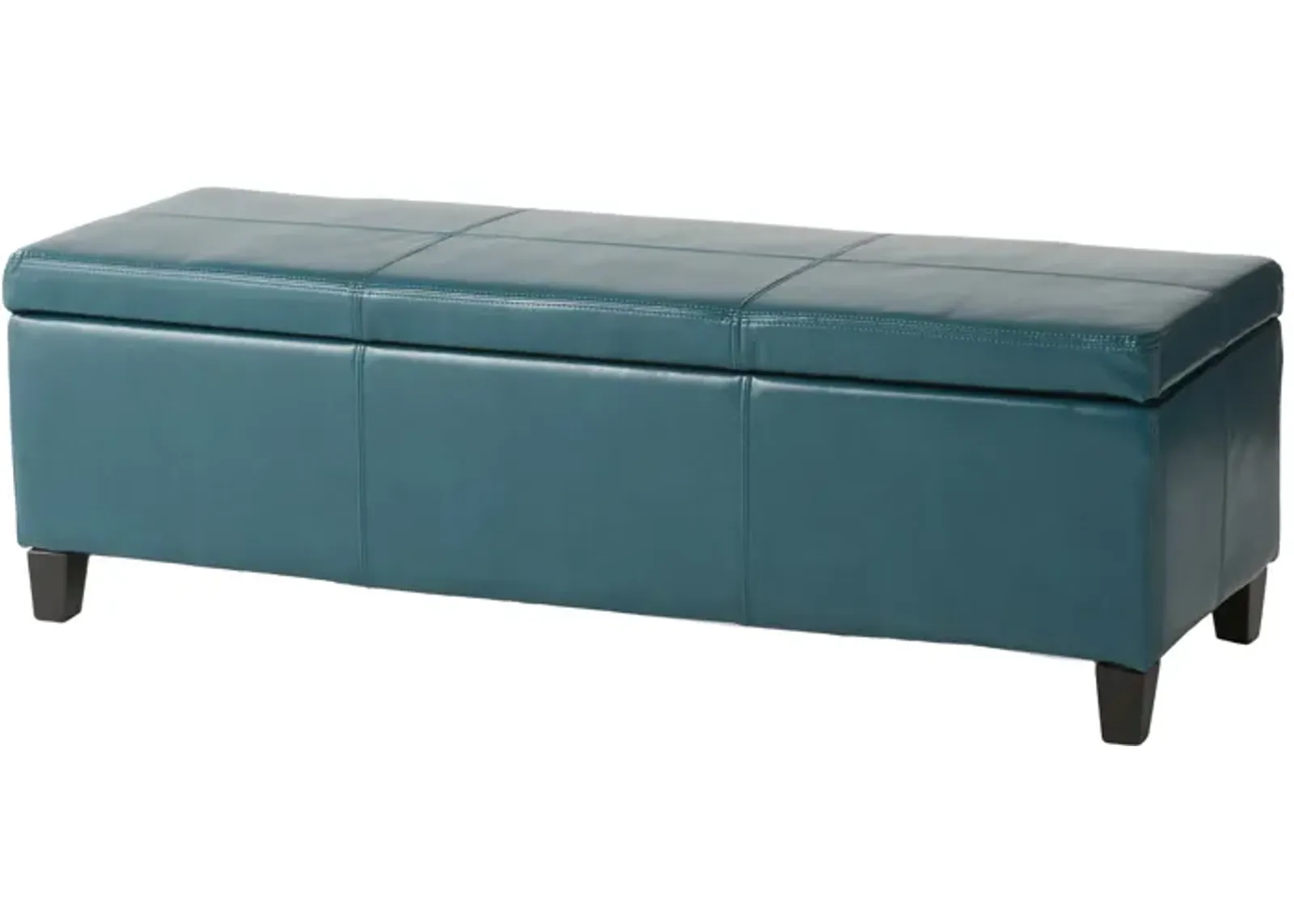 Elias Storage Ottoman, 51 Inch Rectangular, Teal Faux Leather Tufted - Benzara