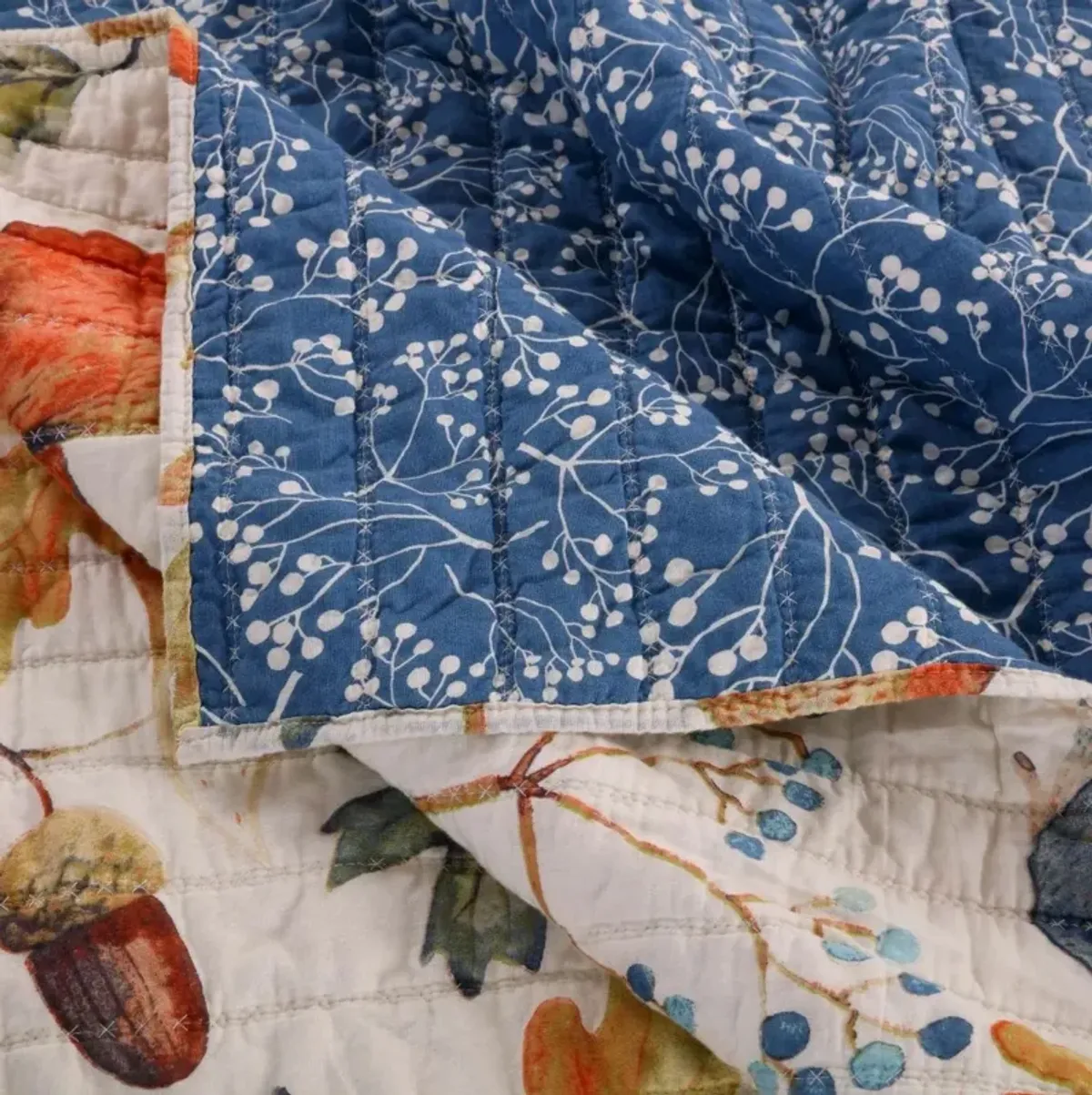 Hivvago Twin 2 Piece Blue Beige Birds Animals Floral Reversible Quilt Set