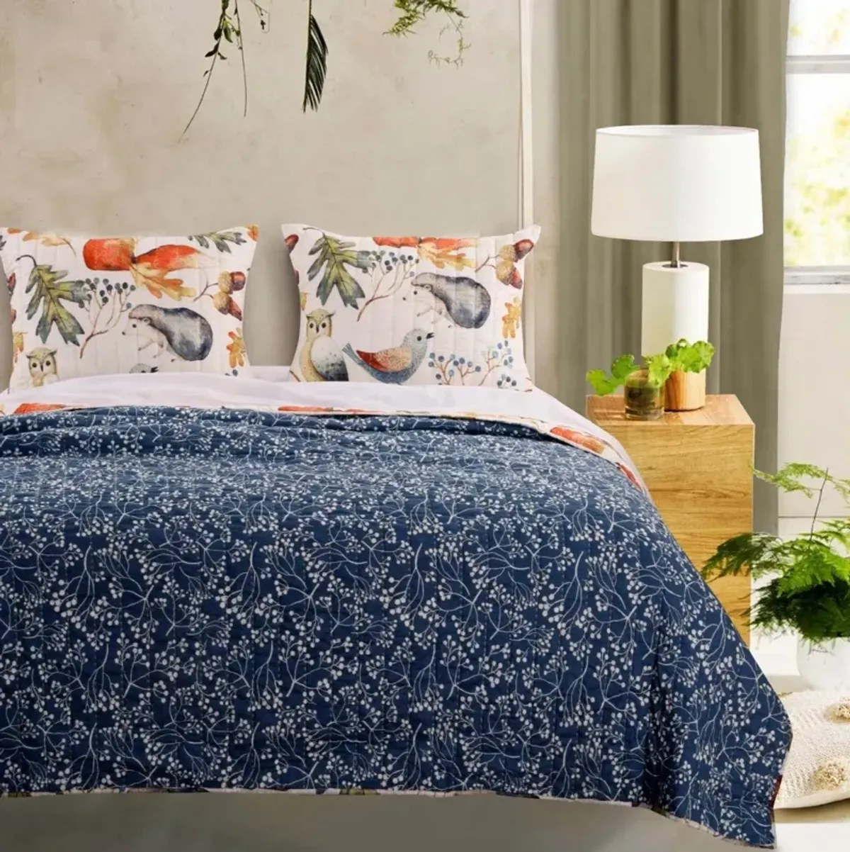 Hivvago Twin 2 Piece Blue Beige Birds Animals Floral Reversible Quilt Set