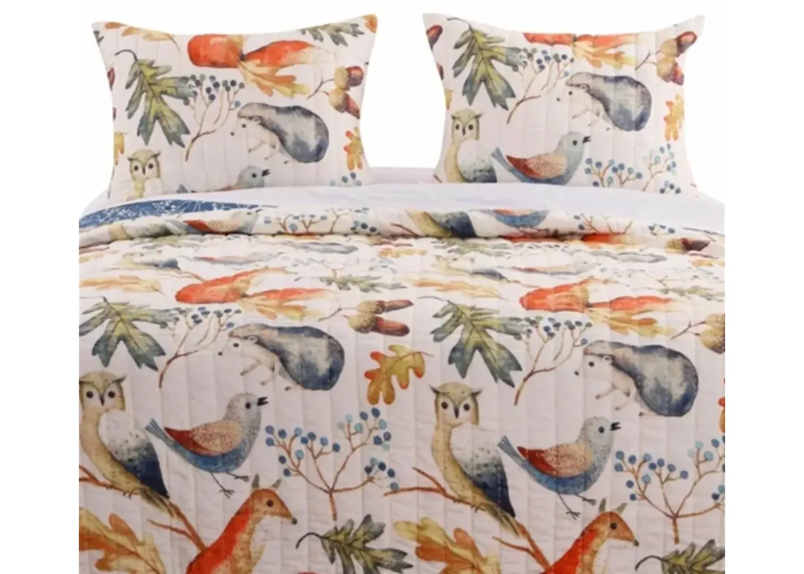 Hivvago Twin 2 Piece Blue Beige Birds Animals Floral Reversible Quilt Set