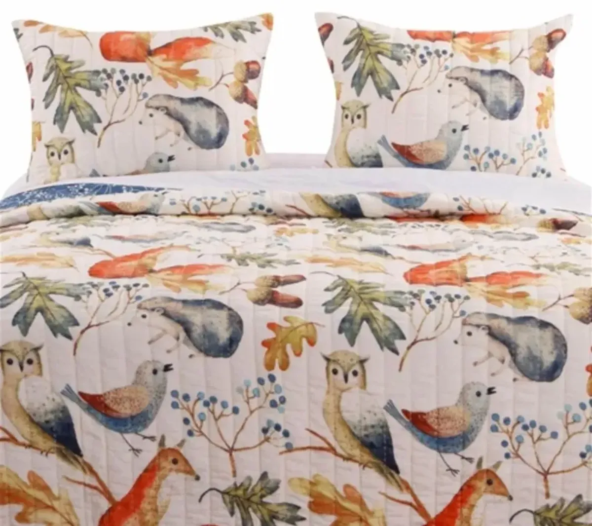 Hivvago Twin 2 Piece Blue Beige Birds Animals Floral Reversible Quilt Set