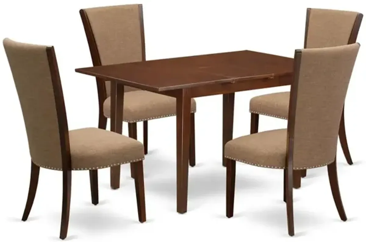 East-West Furniture NFVE5-MAH-47 - A dining room table set of 4 amazing parson dining chairs using Linen Fabric Light Sable color and a gorgeous wood kitchen table in Mahogany Finish