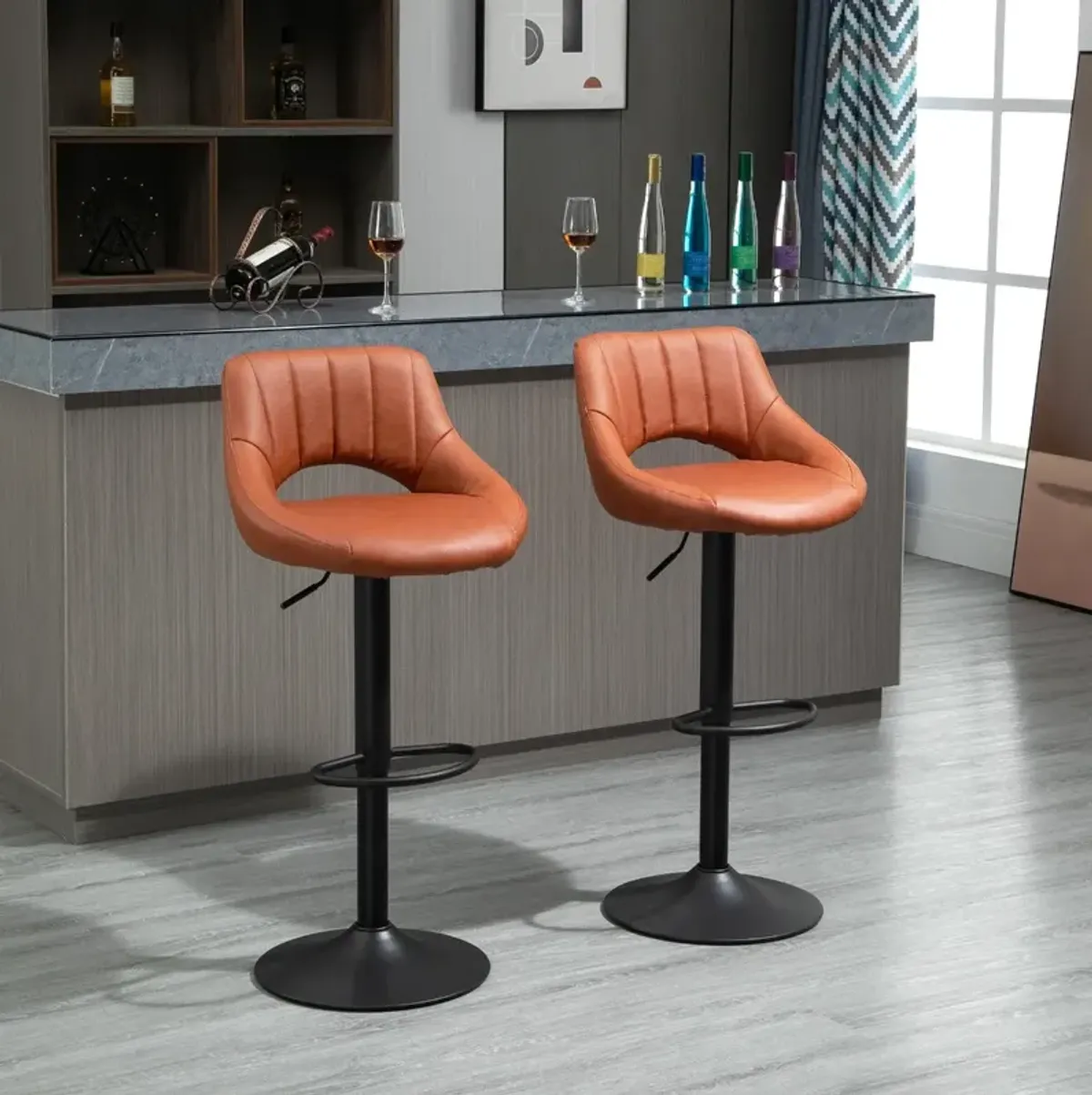 Brown Modern Seating: Set of 2 Swivel Bar Stools with Adjustable Height