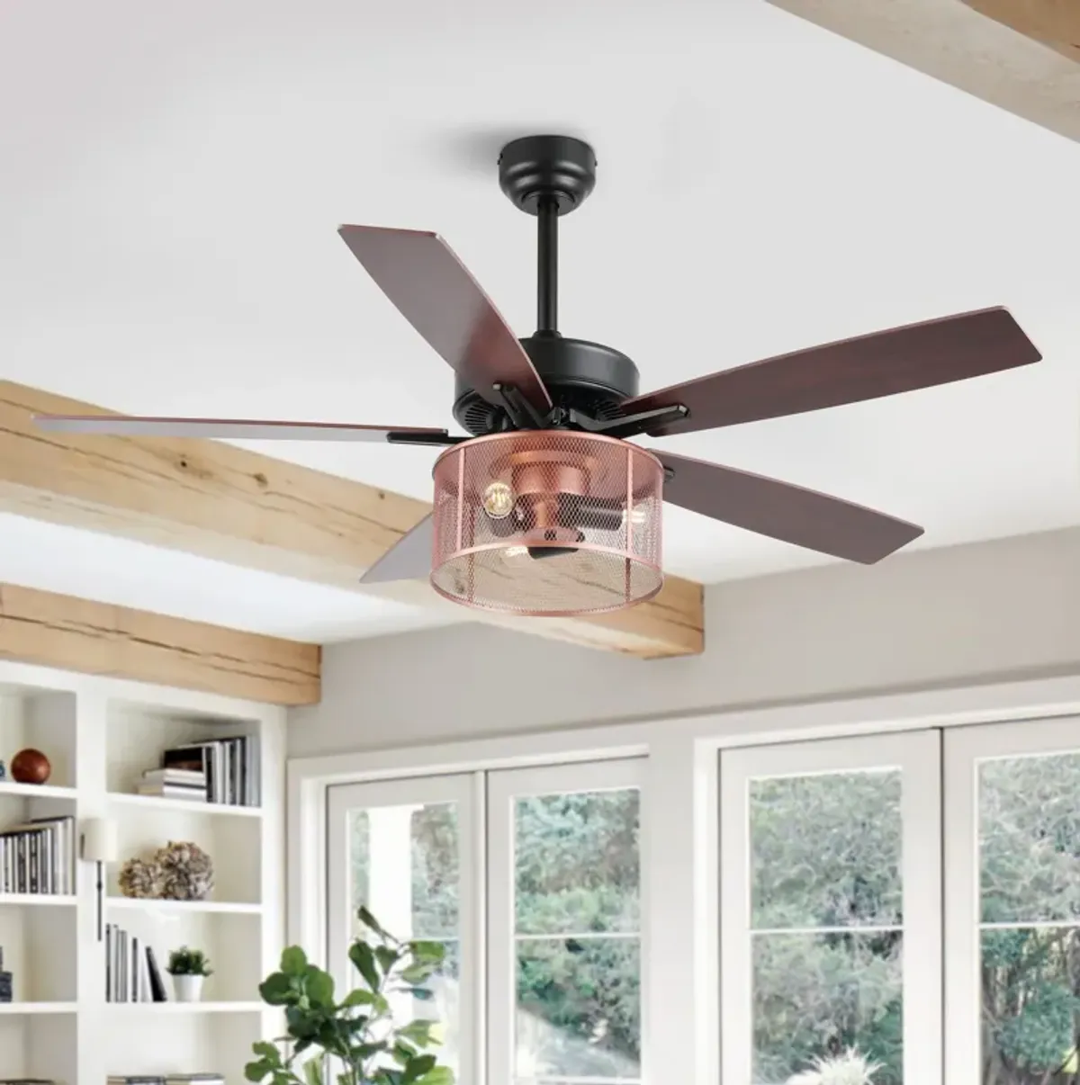 Max Farmhouse Industrial Iron/Wood Mobile Appremote Controlled LED Ceiling Fan