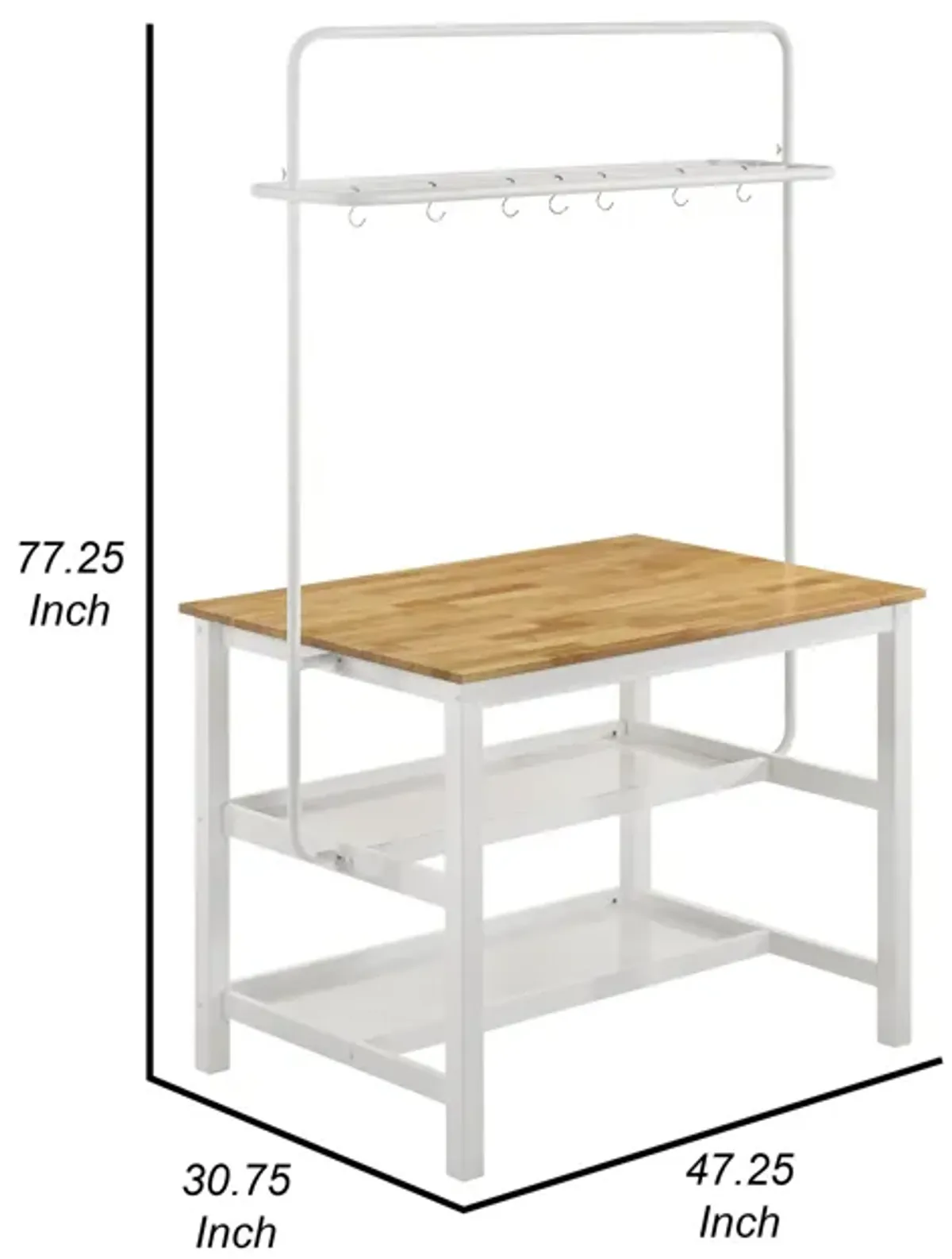 Hoa 77 Inch Counter Height Kitchen Table, Racks, Hook Stand, White Wood - Benzara