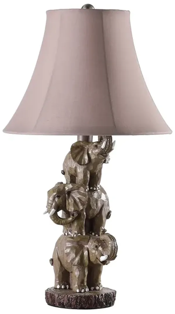 21 Inch Accent Table Lamp, 3 Stacked Elephants, Linen Bell Shade Brown Gray - Benzara