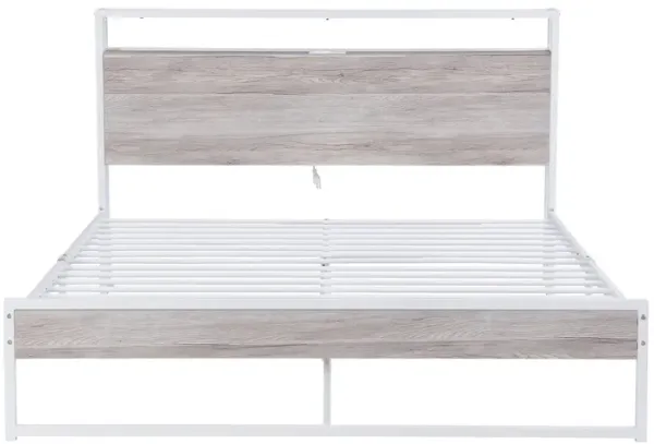 Queen Size Metal Platform Bed Frame with Sockets, USB Ports and Slat Support, No Box Spring Needed