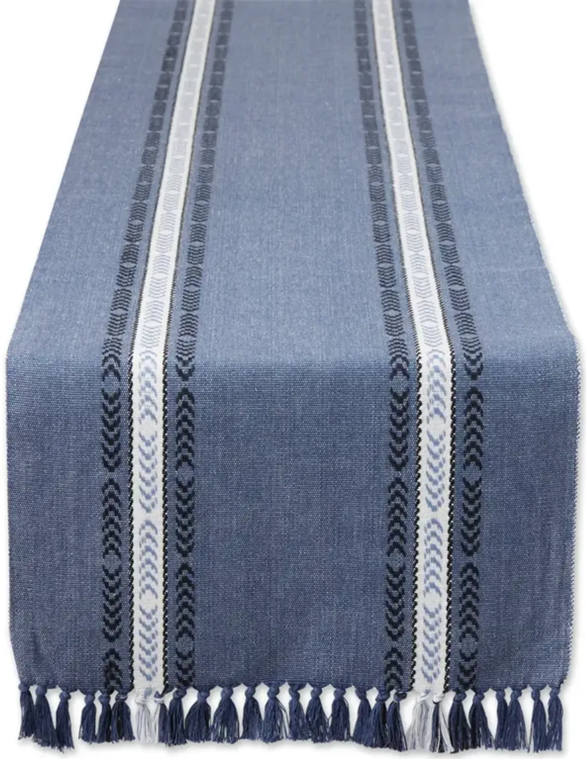 108" French Blue Striped Fringe Ribbed Table Runner
