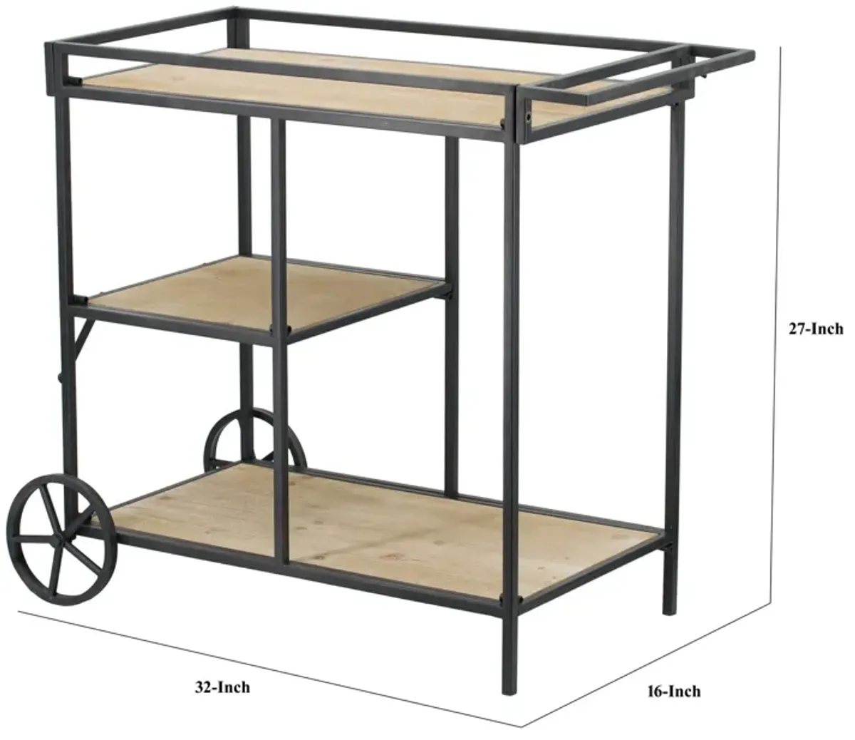 32 Inch Bar Cart, 3 Tiers, Fir Wood Shelves, Iron Frame, Black, Brown-Benzara