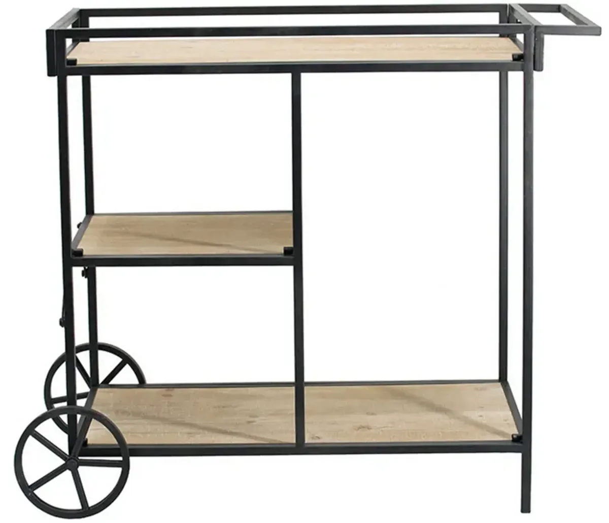 32 Inch Bar Cart, 3 Tiers, Fir Wood Shelves, Iron Frame, Black, Brown-Benzara