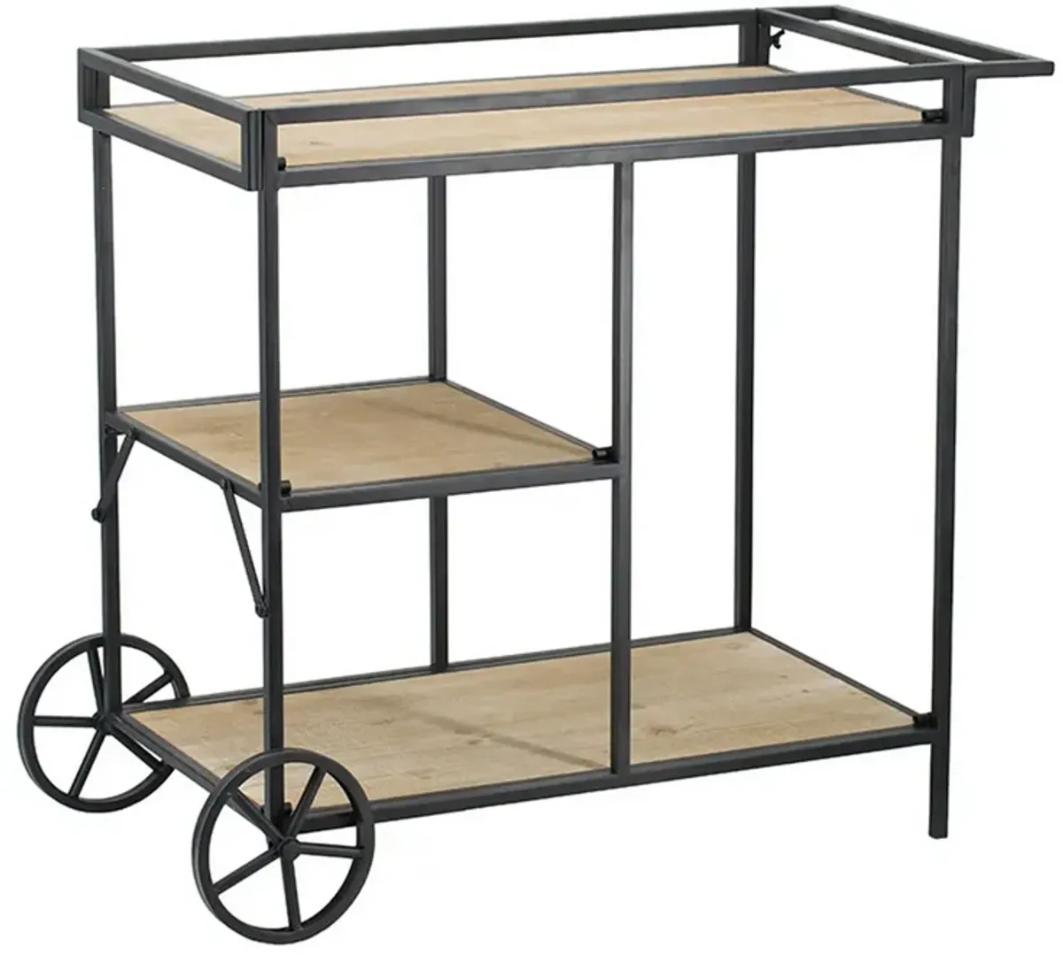 32 Inch Bar Cart, 3 Tiers, Fir Wood Shelves, Iron Frame, Black, Brown-Benzara