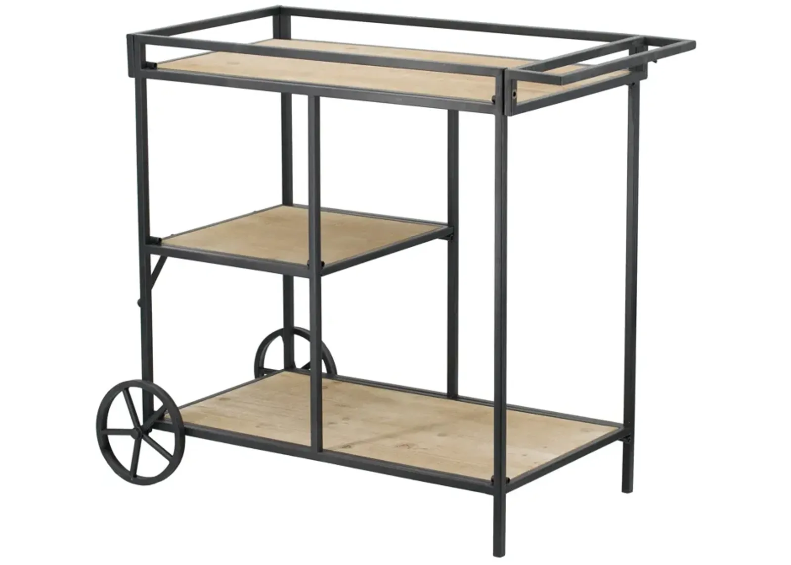 32 Inch Bar Cart, 3 Tiers, Fir Wood Shelves, Iron Frame, Black, Brown-Benzara