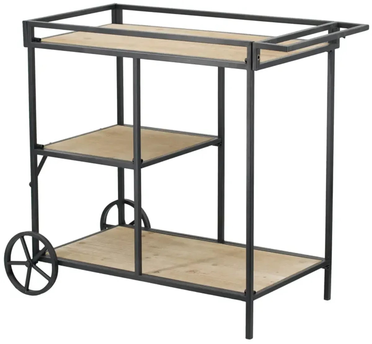 32 Inch Bar Cart, 3 Tiers, Fir Wood Shelves, Iron Frame, Black, Brown-Benzara