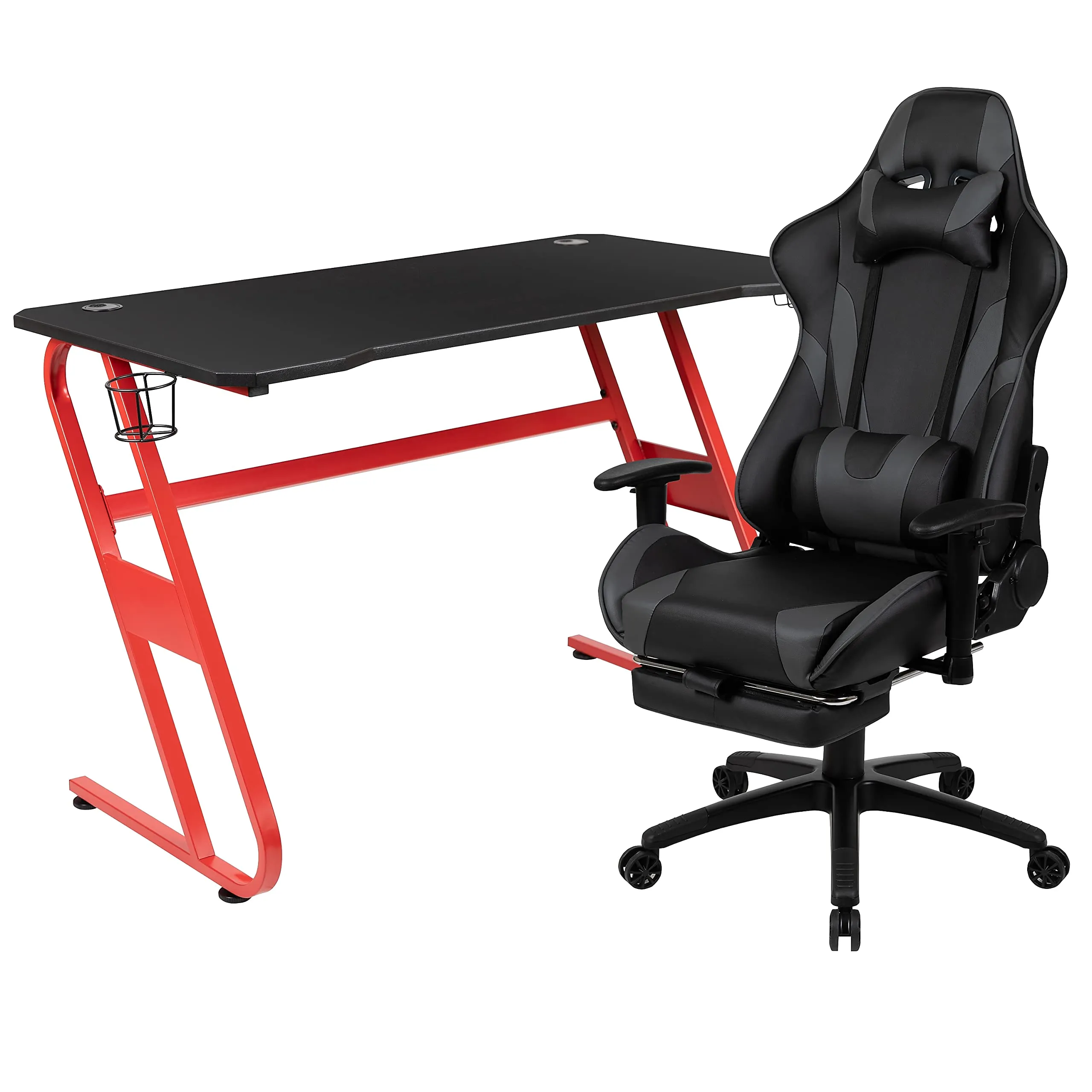 Flash Furniture Red Gaming Desk with Cup Holder/Headphone Hook & Gray Reclining Gaming Chair with Footrest