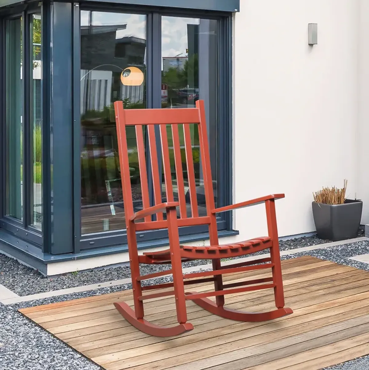 Wine Red Rustic Rocker: Wooden High Back Chair for Patio