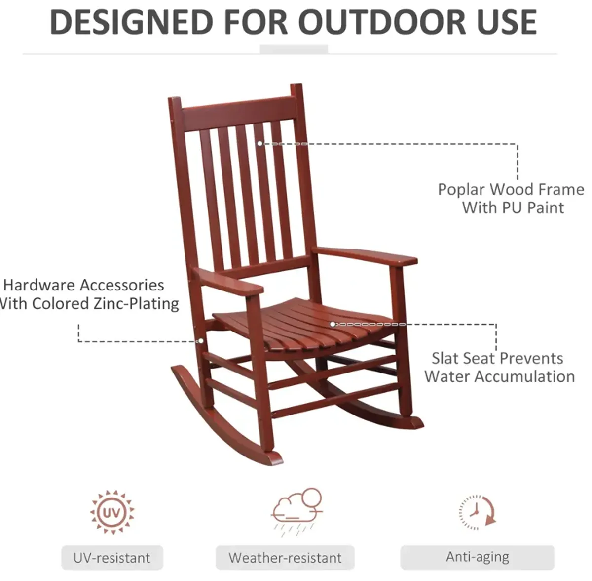 Wine Red Rustic Rocker: Wooden High Back Chair for Patio