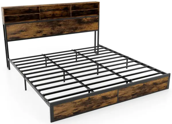 Industrial Platform Bed with Metal Frame and Built-In Headboard Storage
