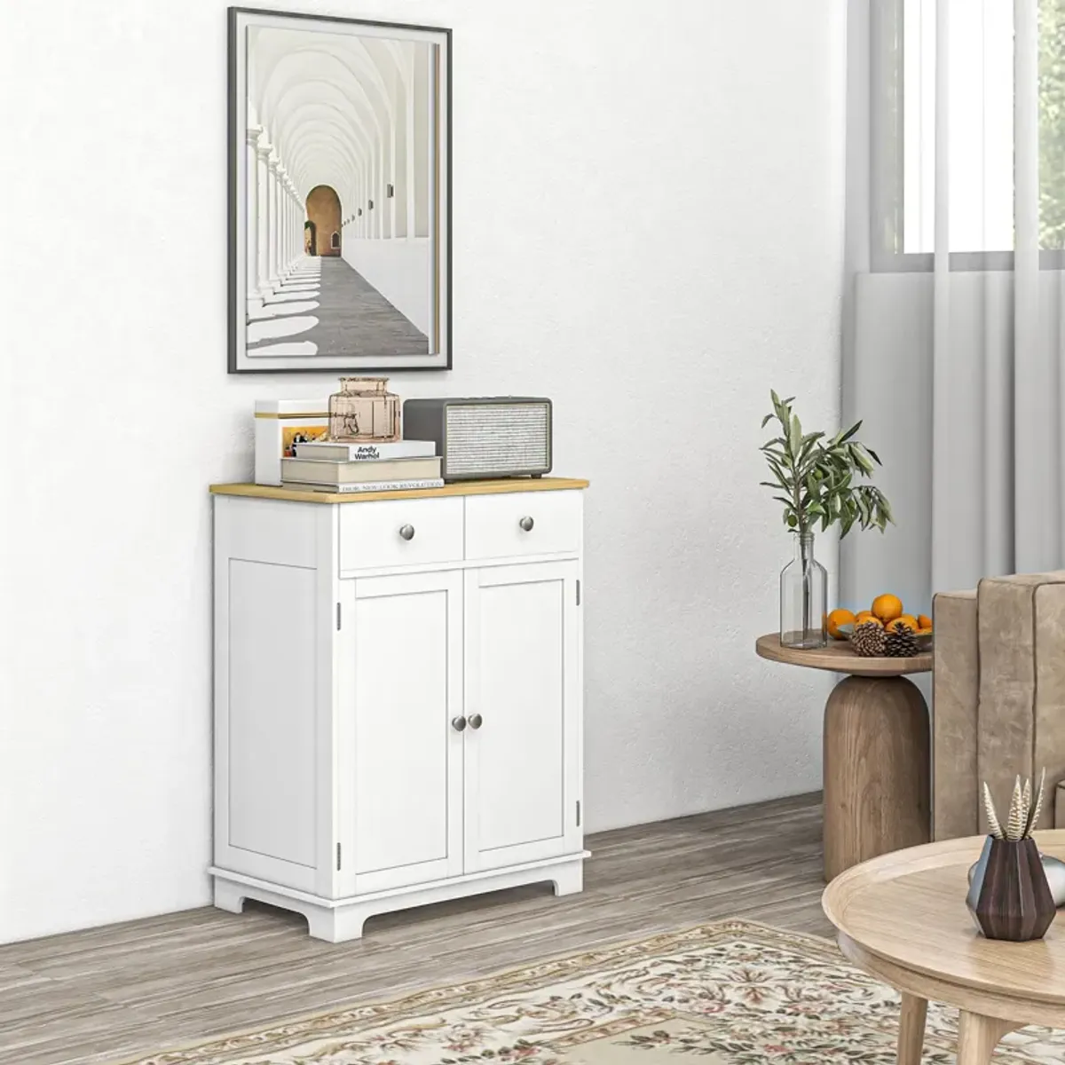 Sideboard Buffet Cabinet: Solid Wood Top, 2 Drawers