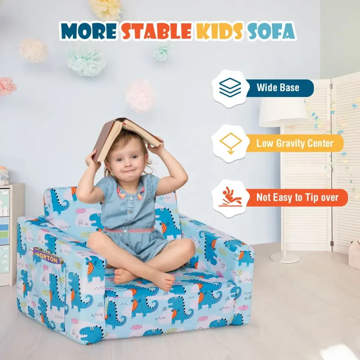 2-in-1 Convertible Kids Sofa with Velvet Fabric - Light Blue Dinosaur