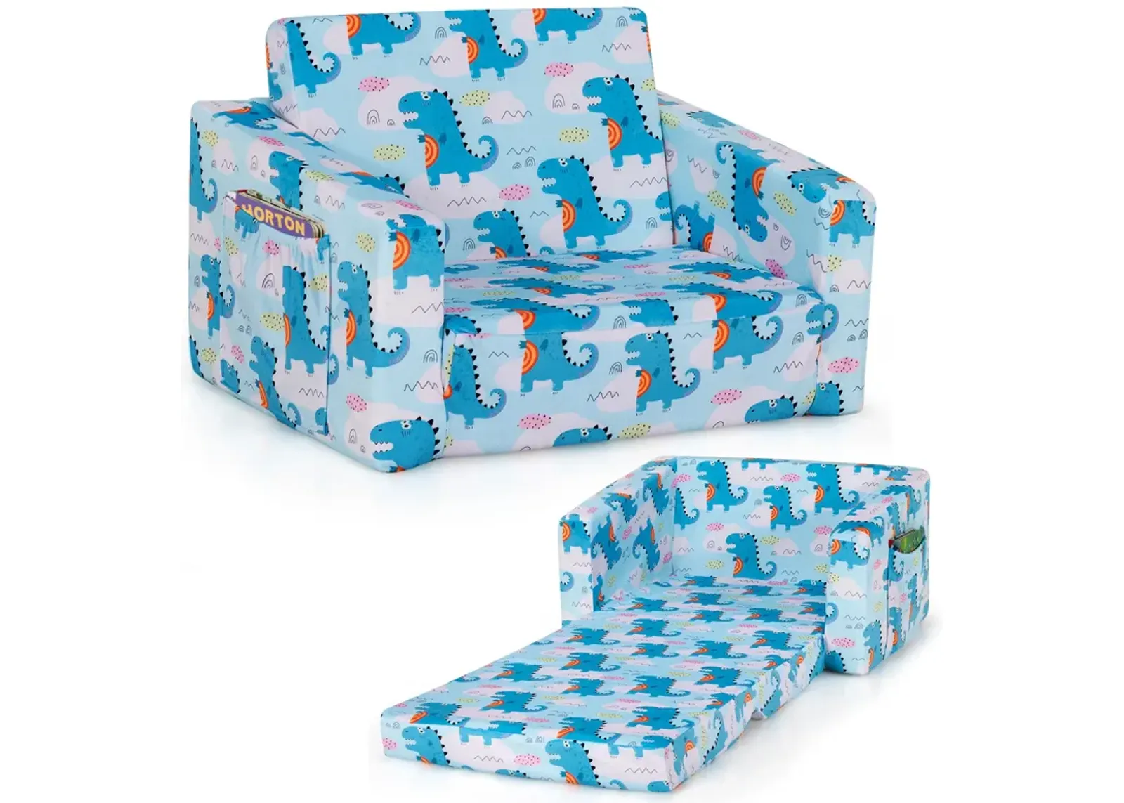 2-in-1 Convertible Kids Sofa with Velvet Fabric - Light Blue Dinosaur