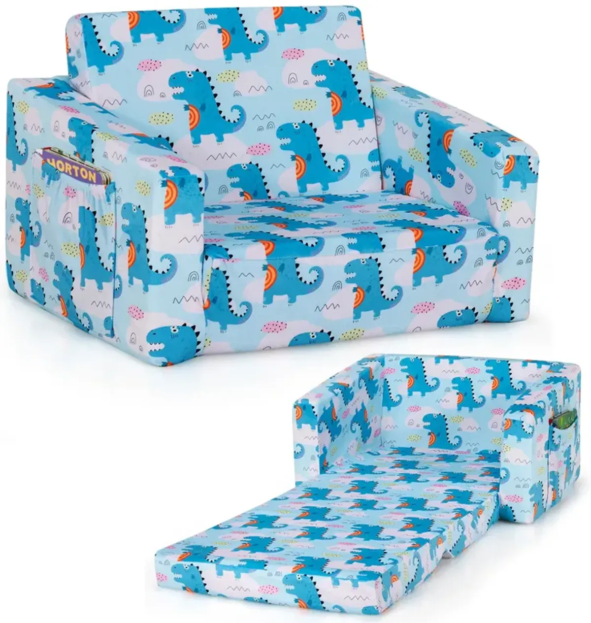 2-in-1 Convertible Kids Sofa with Velvet Fabric - Light Blue Dinosaur