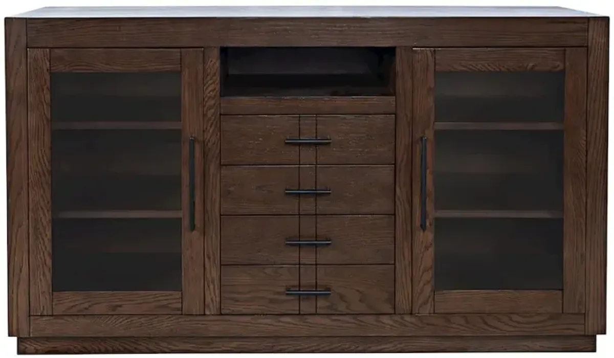 Jofran 50 Contemporary Media Console with Tempered Glass Doors, Drawers and Shelves
