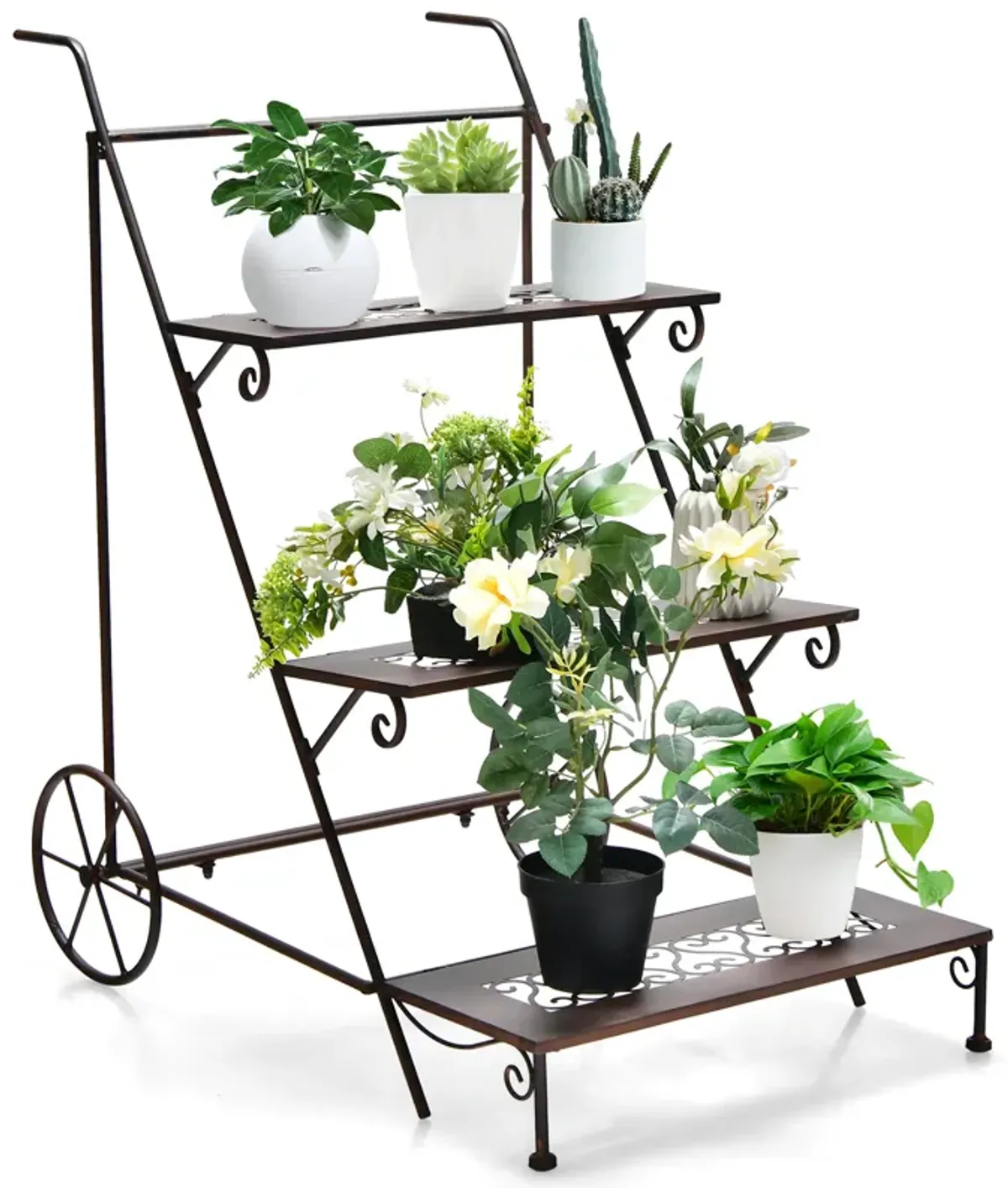 3-Tier Metal Plant Stand with Wheels and Handle for Balcony