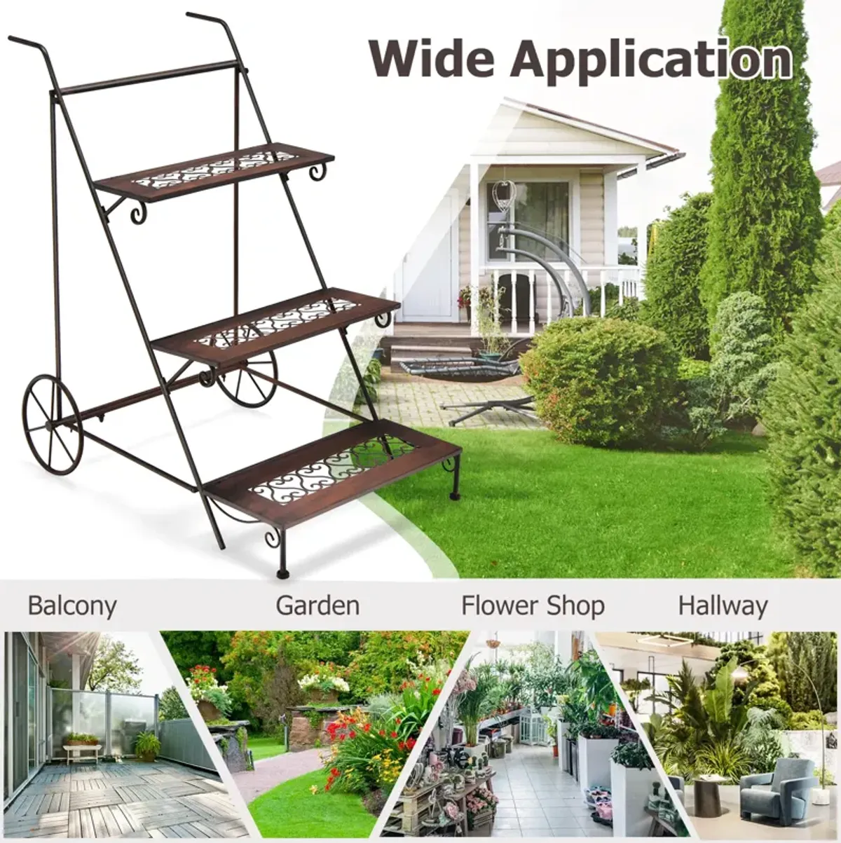 3-Tier Metal Plant Stand with Wheels and Handle for Balcony