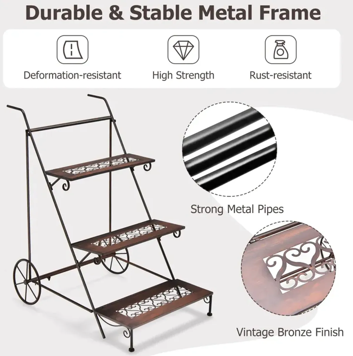 3-Tier Metal Plant Stand with Wheels and Handle for Balcony