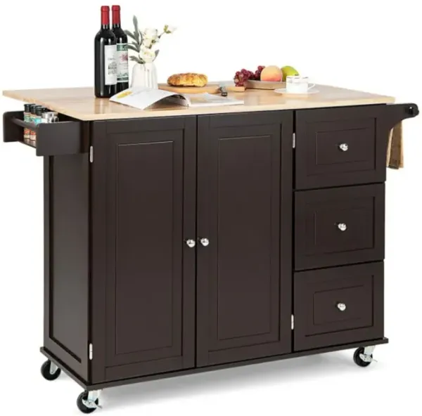 Kitchen Island Trolley Cart Wood with Drop-Leaf Tabletop and Storage Cabinet