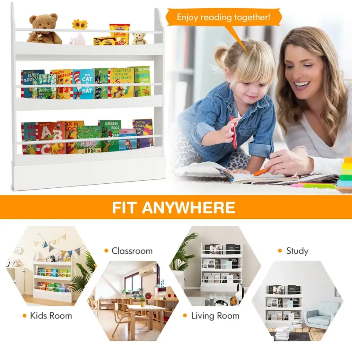 3-Tier Bookshelf with 2 Anti-Tipping Kits for Books and Magazines