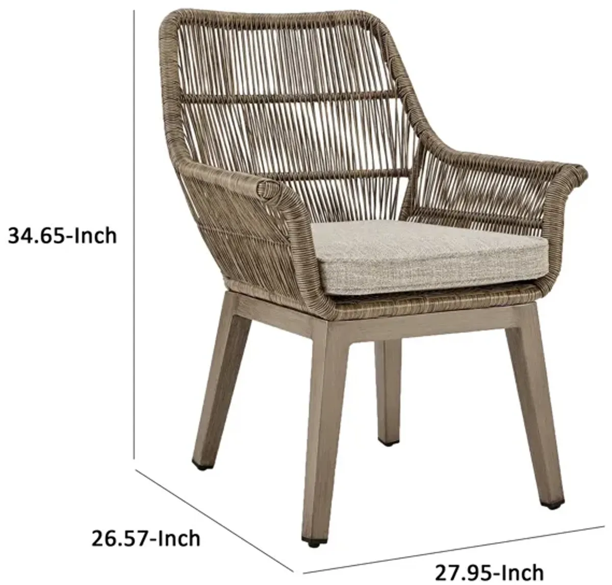 Rune 27 Inch Outdoor Wicker Woven Armchair, Set of 2, Aluminum Frame, Beige-Benzara