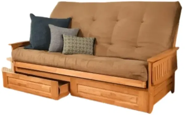 Phoenix Frame Queen-Butternut Finish-Suede Peat Mattress-Storage Drawers