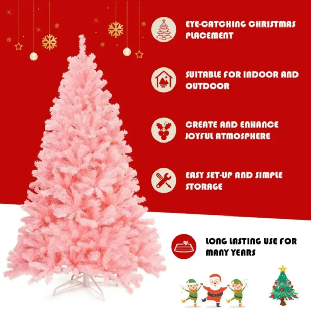 Hivvago 6 Feet Pink Artificial Hinged Spruce Full Christmas Tree with Foldable Metal Stand