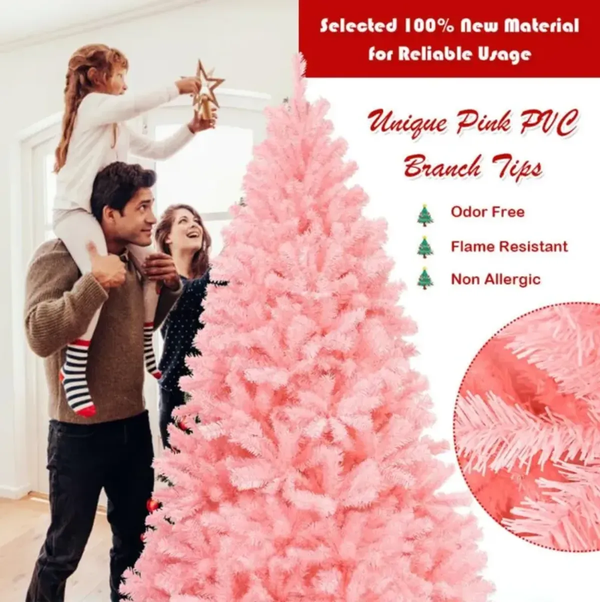 Hivvago 6 Feet Pink Artificial Hinged Spruce Full Christmas Tree with Foldable Metal Stand