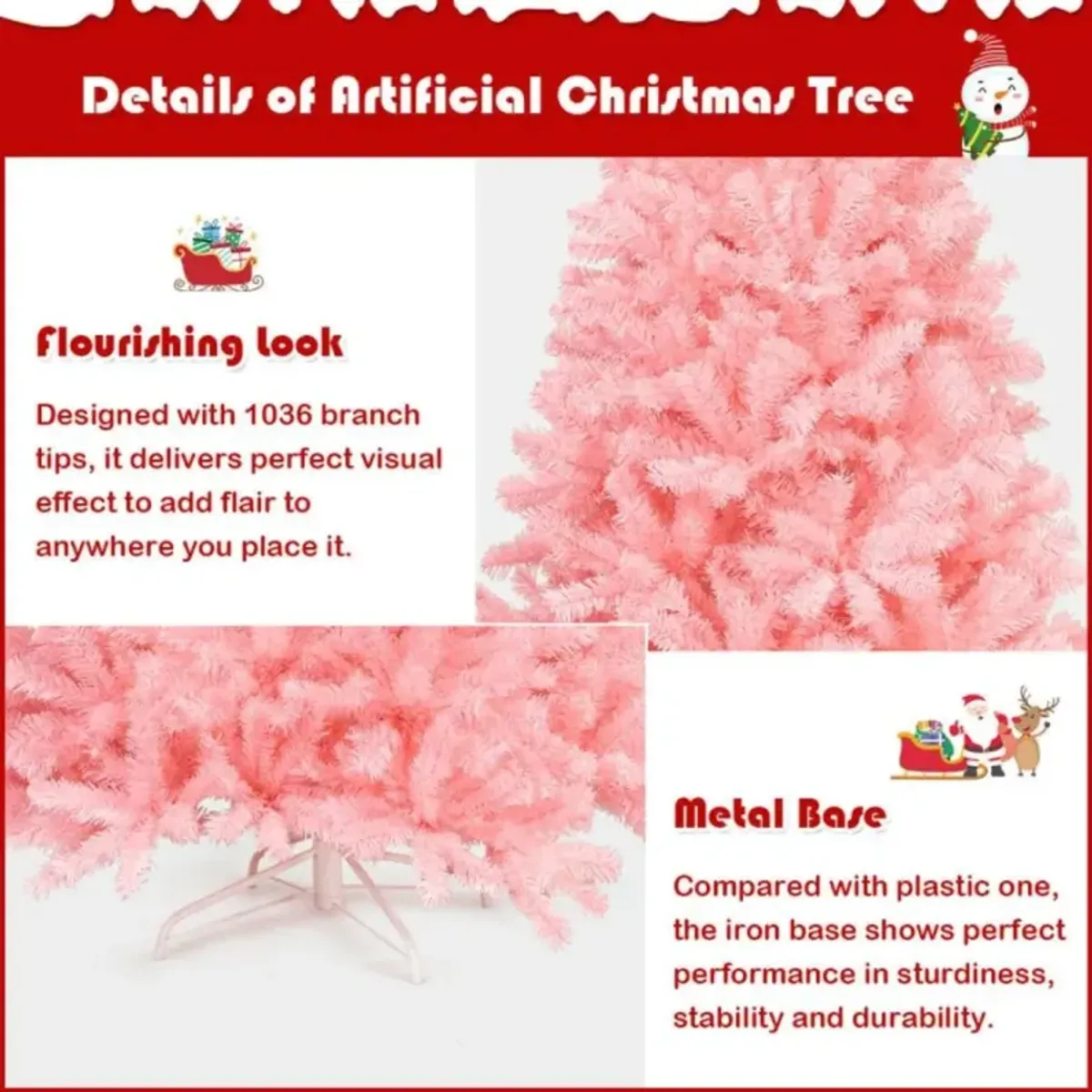 Hivvago 6 Feet Pink Artificial Hinged Spruce Full Christmas Tree with Foldable Metal Stand